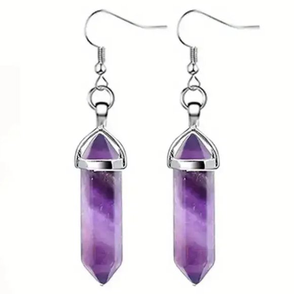 Amethyst Natural Stone Gemstone Handmade Hexagon Point Dangle Earrings - Picture 1 of 2